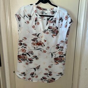 Floral Split-Neck Women's Top - White with Pink & Rust Floral